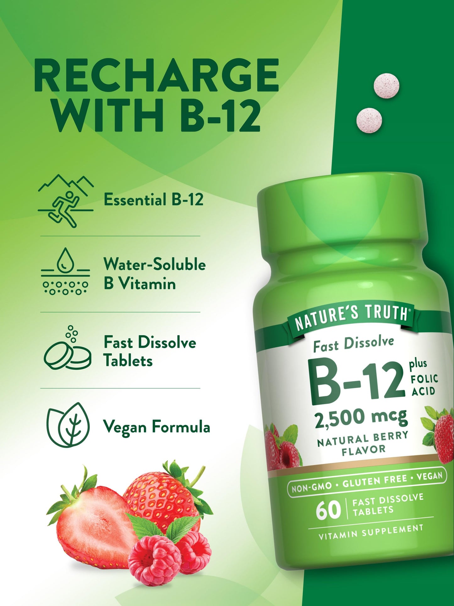 Nature's Truth B12 Vitamin | 60 Fast Dissolve Tablets | 2500 mcg | with Folic Acid | Vegan, Non-GMO & Gluten Free