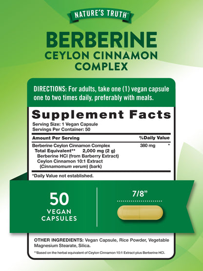 Nature's Truth Berberine with Ceylon Cinnamon Complex - 2,000mg, 50 Vegan Capsules | Vegan, Non-GMO, Gluten Free