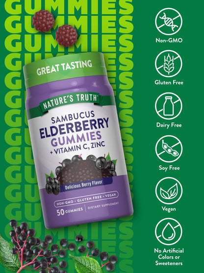 Nature's Truth Black Elderberry Gummies – Vegan, Gluten Free, Non-GMO | Vitamin C & Zinc