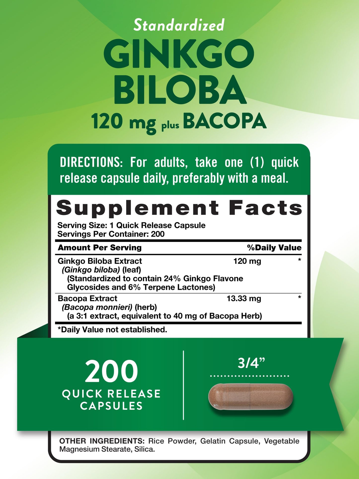 Nature's Truth Ginkgo Biloba 120mg with Bacopa – 200 Quick Release Capsules | Standardized Extract, Non-GMO & Gluten Free