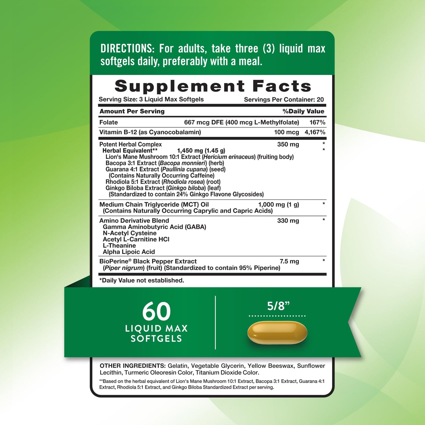 Nature's Truth Brain Up Softgels – 60 Count – L-Theanine, Bacopa, B12 & MCT – Non-GMO, Gluten Free