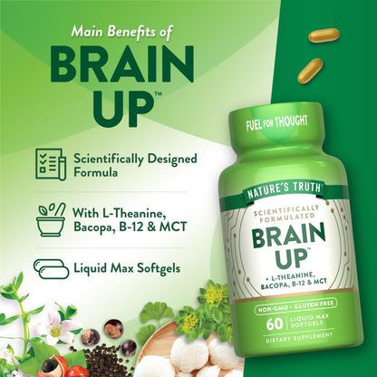 Nature's Truth Brain Up Softgels – 60 Count – L-Theanine, Bacopa, B12 & MCT – Non-GMO, Gluten Free
