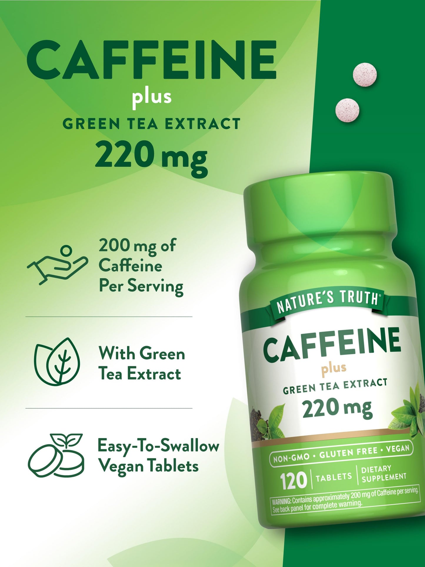 Nature's Truth Caffeine Pills 220mg | 120 Count | Green Tea Extract | Vegan, Non-GMO, Gluten Free