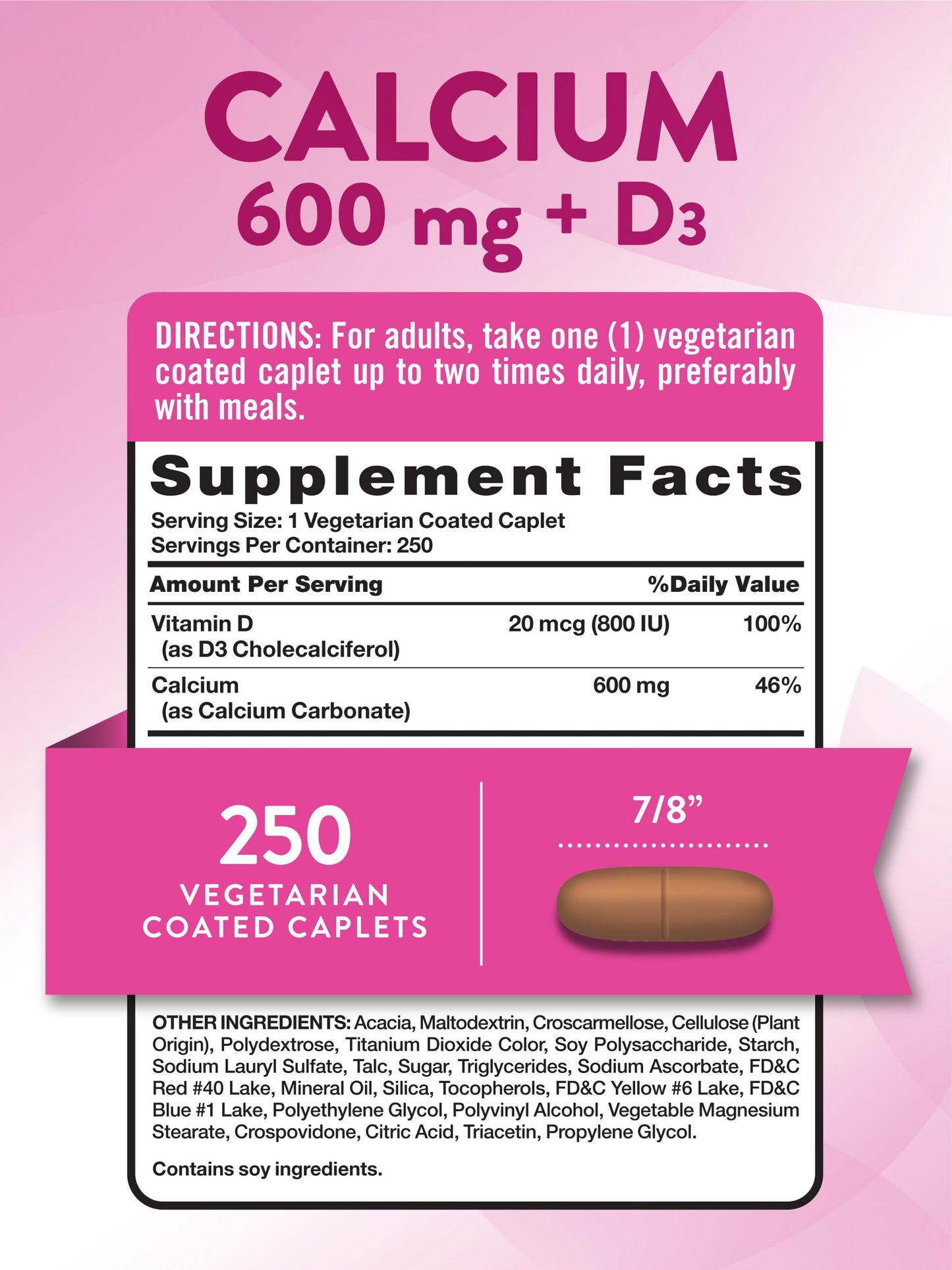 Nature's Truth Calcium 600mg with Vitamin D3 | 250 Caplets | Calcium Carbonate | Vegetarian, Non-GMO & Gluten Free