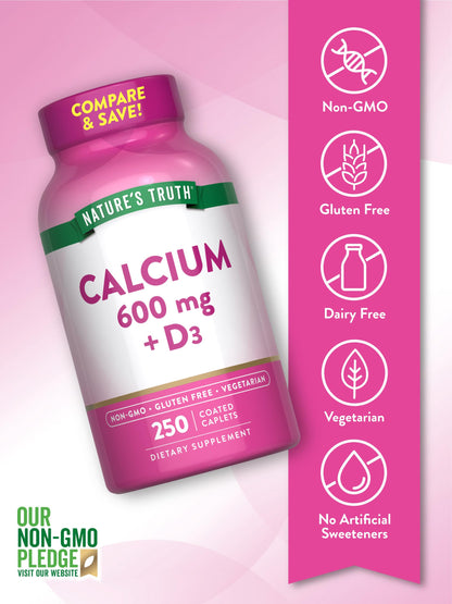 Nature's Truth Calcium 600mg with Vitamin D3 | 250 Caplets | Calcium Carbonate | Vegetarian, Non-GMO & Gluten Free