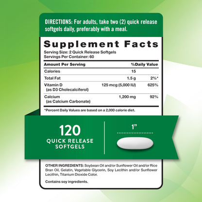 Nature's Truth Absorbable Calcium 1200 mg with Vitamin D3 5000 IU | 120 Softgels | Non-GMO & Gluten Free