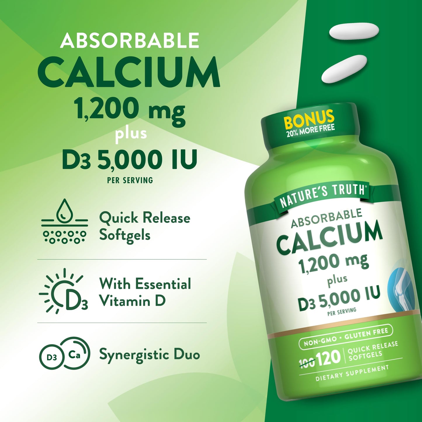 Nature's Truth Absorbable Calcium 1200 mg with Vitamin D3 5000 IU | 120 Softgels | Non-GMO & Gluten Free