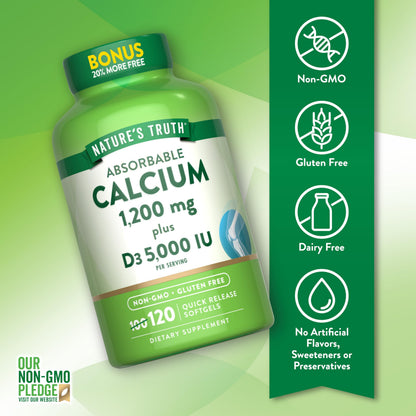 Nature's Truth Absorbable Calcium 1200 mg with Vitamin D3 5000 IU | 120 Softgels | Non-GMO & Gluten Free