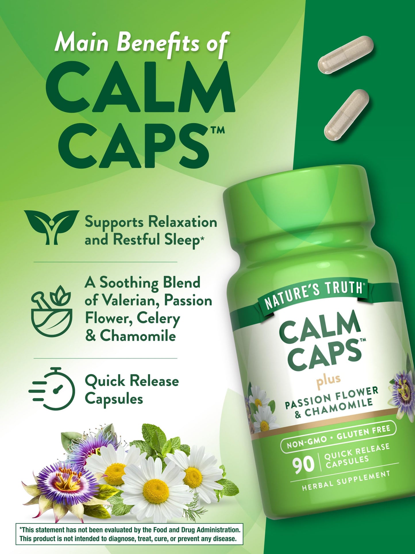 Nature's Truth Calm Caps | 90 Capsules | Passion Flower & Chamomile | Non-GMO, Gluten Free