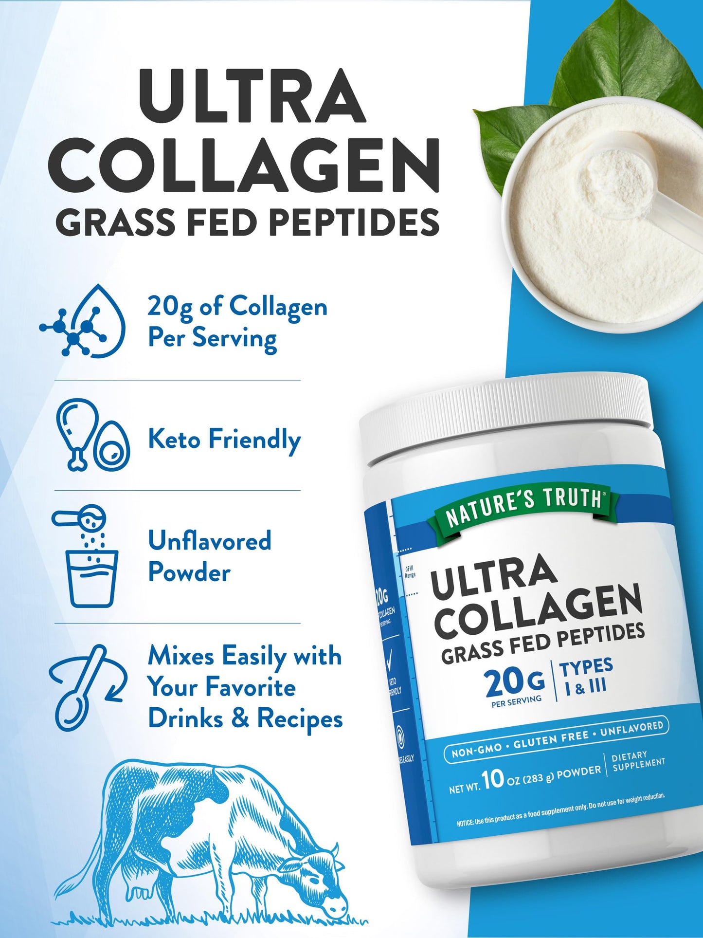 Nature's Truth Collagen Peptides Powder Unflavored - Grass-Fed Type I & III, 10 oz