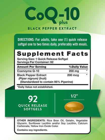 Nature's Truth CoQ10 200 mg Softgels | 92 Count | Enhanced Absorption | with Black Pepper Extract | Non-GMO & Gluten Free Supplement
