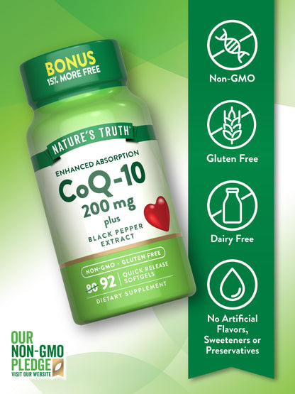 Nature's Truth CoQ10 200 mg Softgels | 92 Count | Enhanced Absorption | with Black Pepper Extract | Non-GMO & Gluten Free Supplement