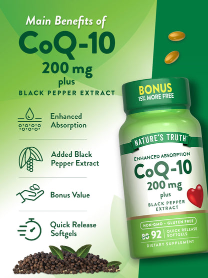 Nature's Truth CoQ10 200 mg Softgels | 92 Count | Enhanced Absorption | with Black Pepper Extract | Non-GMO & Gluten Free Supplement