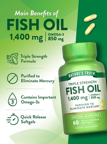 Nature's Truth Triple Strength Fish Oil Softgels - 1400 mg | 60 Count | Active Omega-3 | Non-GMO & Gluten Free
