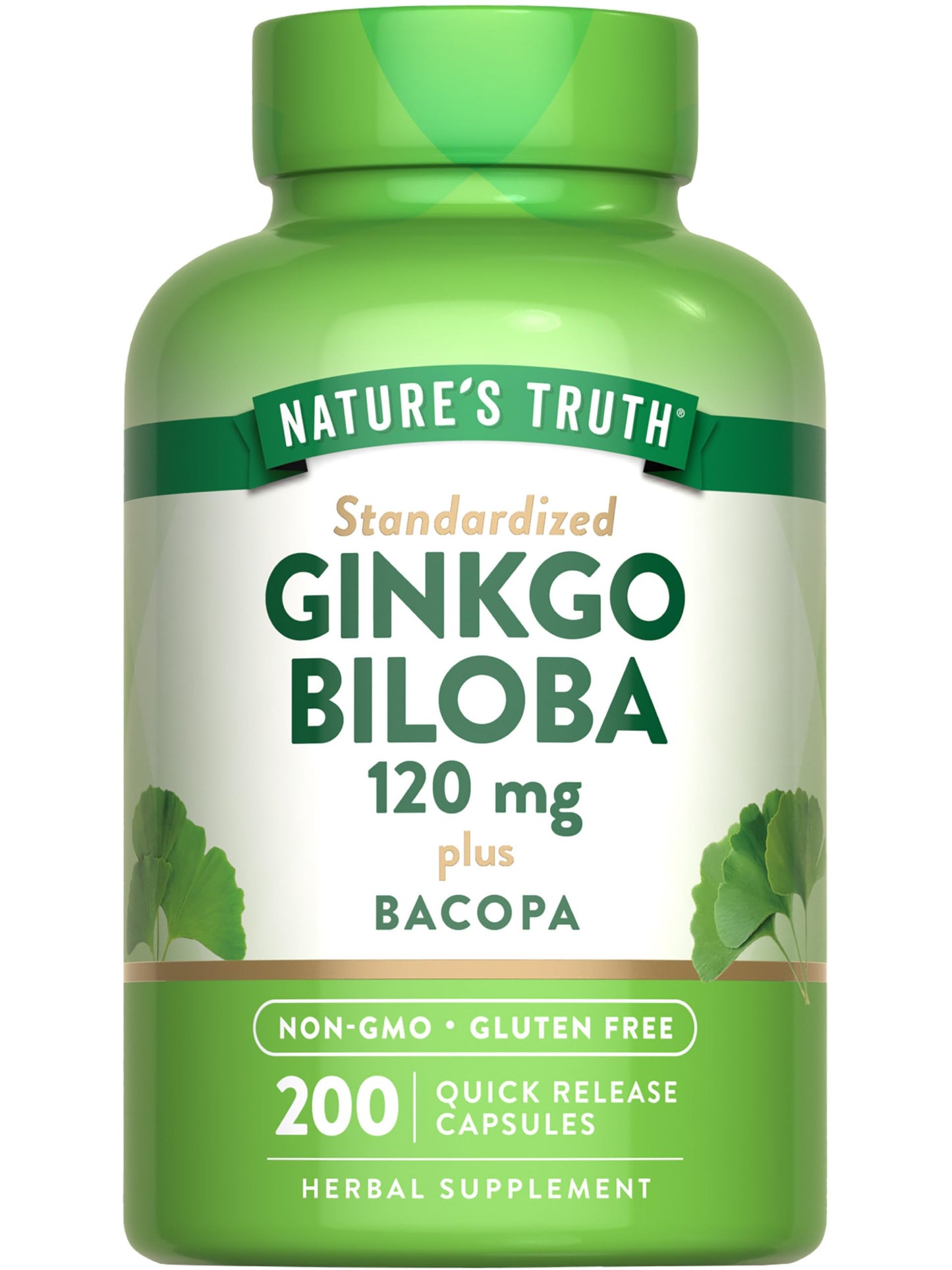 Nature's Truth Ginkgo Biloba 120mg with Bacopa – 200 Quick Release Capsules | Standardized Extract, Non-GMO & Gluten Free