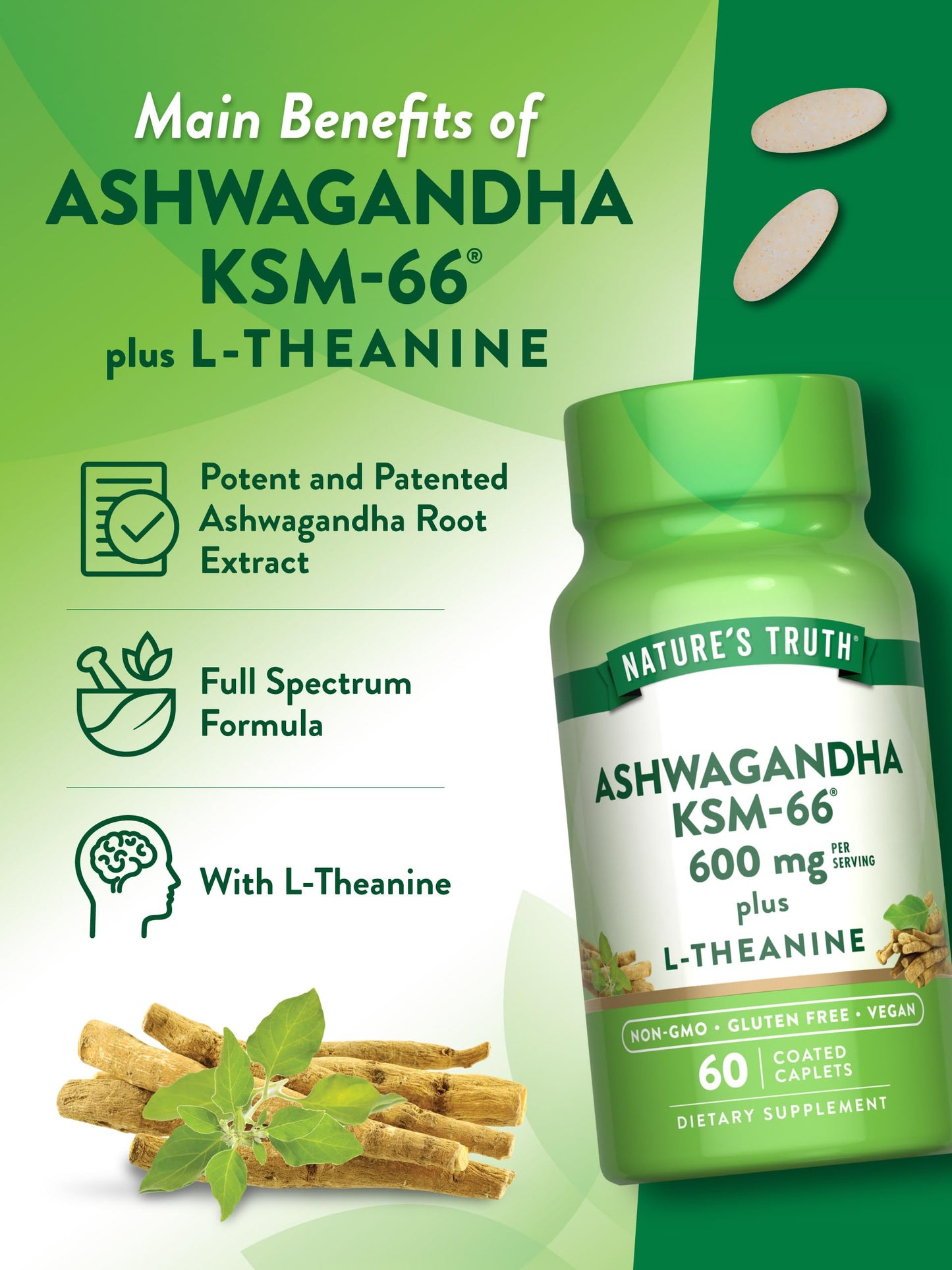 Nature's Truth KSM-66 Ashwagandha with L-Theanine | 60 Caplets | Vegan, Non-GMO, Gluten Free