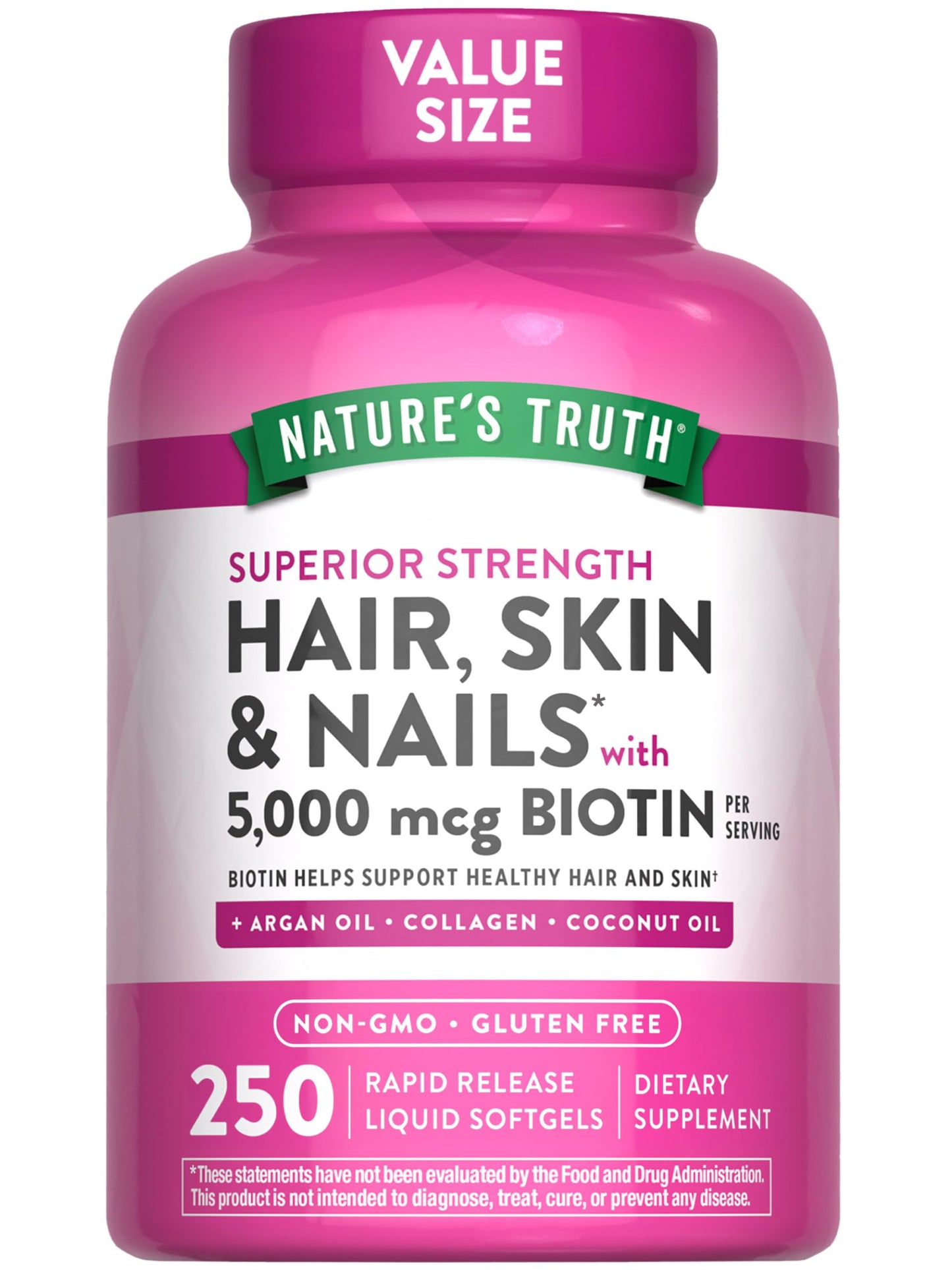 Nature's Truth Hair, Skin & Nails Vitamins | 5000mcg | 250 Softgels | Includes Collagen, Biotin and Coconut Oil | Non-GMO & Gluten Free Supplement for Women and Men