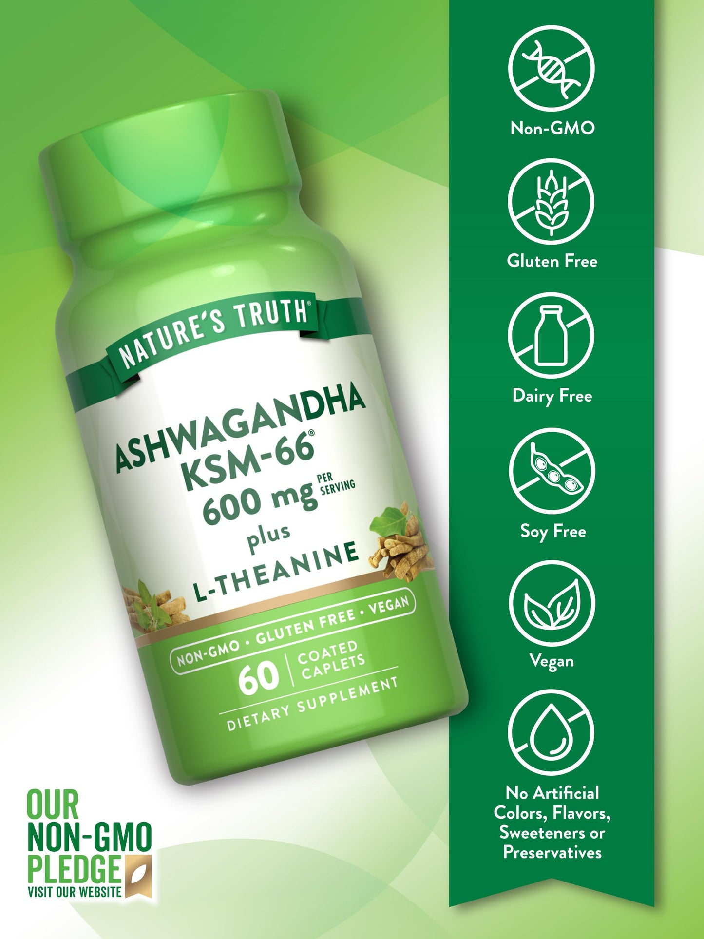 Nature's Truth KSM-66 Ashwagandha with L-Theanine | 60 Caplets | Vegan, Non-GMO, Gluten Free