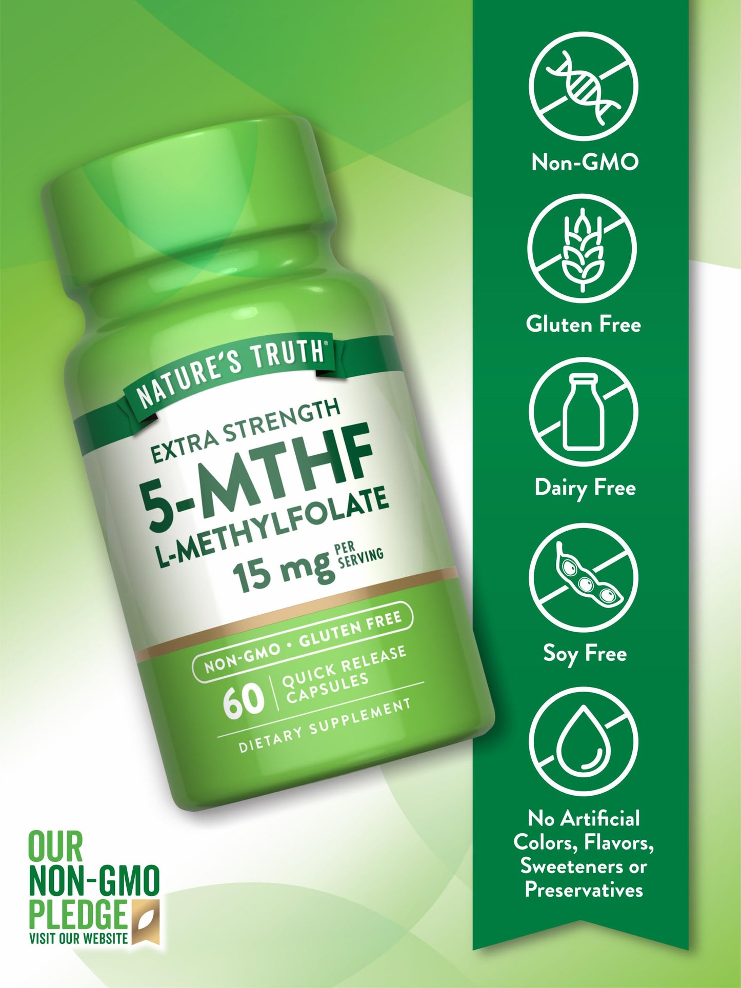 Nature's Truth L-Methylfolate 15mg | 60 Capsules | Non-GMO & Gluten Free | Extra Strength