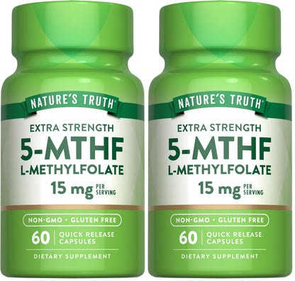 Nature's Truth L-Methylfolate 15mg – 60 Capsules – Extra Strength Pack of 2 | Non-GMO & Gluten Free