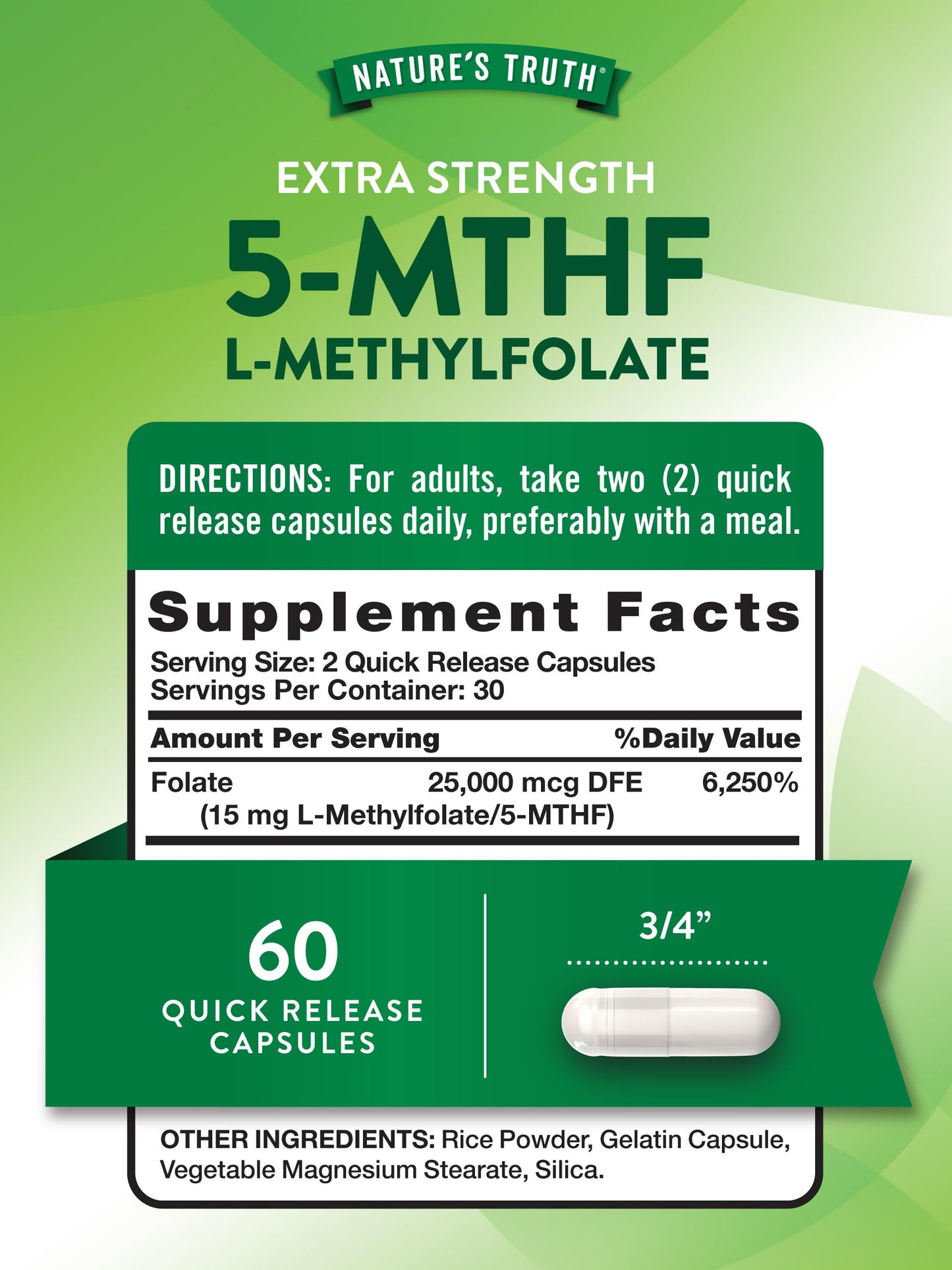 Nature's Truth L-Methylfolate 15mg – 60 Capsules – Extra Strength Pack of 2 | Non-GMO & Gluten Free