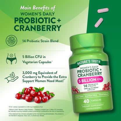 Nature's Truth Probiotics for Women | 5 Billion CFUs Daily | 40 Vegetarian Capsules | Cranberry | Non-GMO & Gluten Free