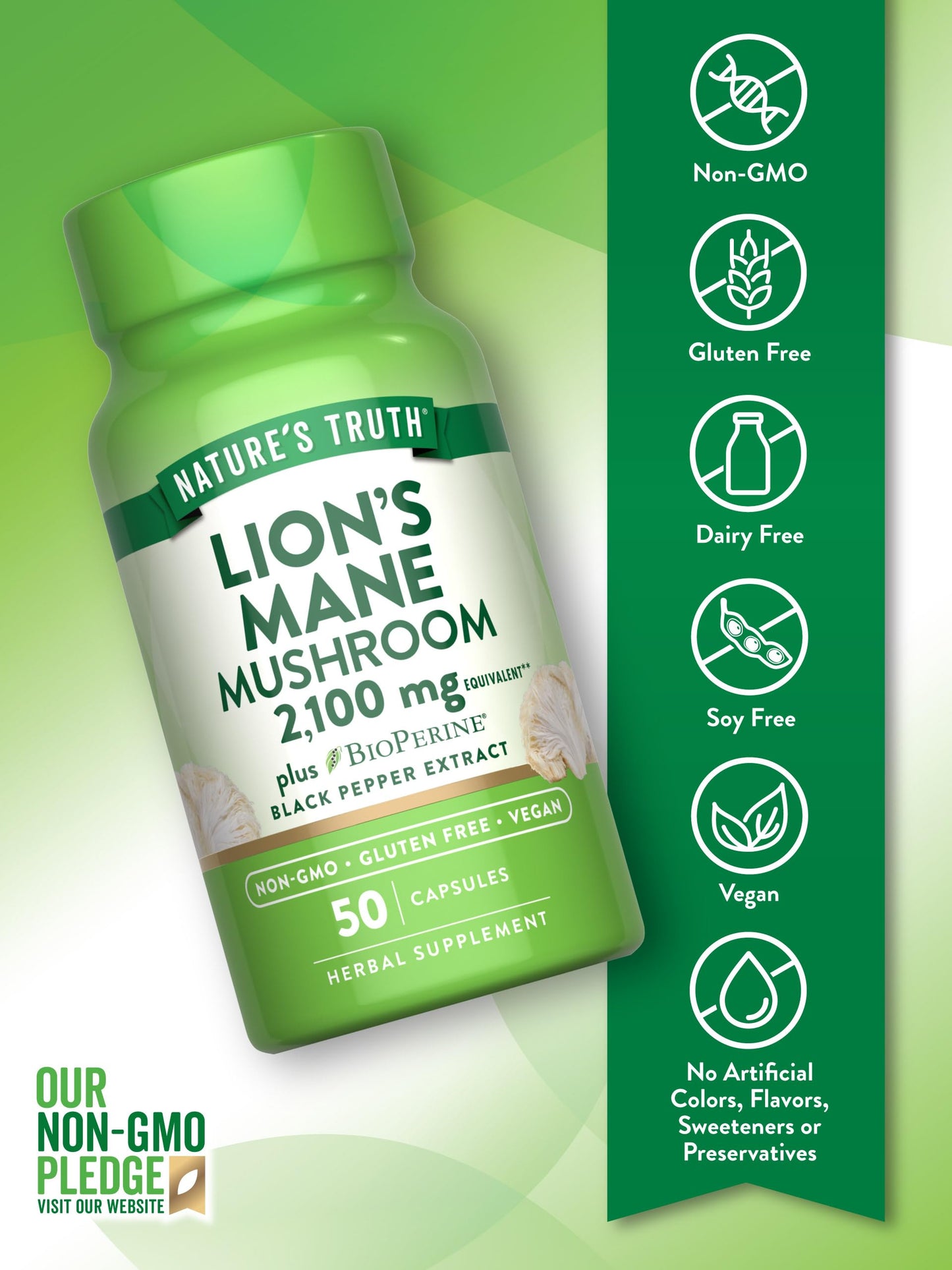 Nature's Truth Lions Mane 2100mg Capsules - 50 Count - Vegan, Gluten Free & Non-GMO