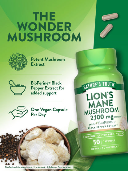 Nature's Truth Lions Mane 2100mg Capsules - 50 Count - Vegan, Gluten Free & Non-GMO