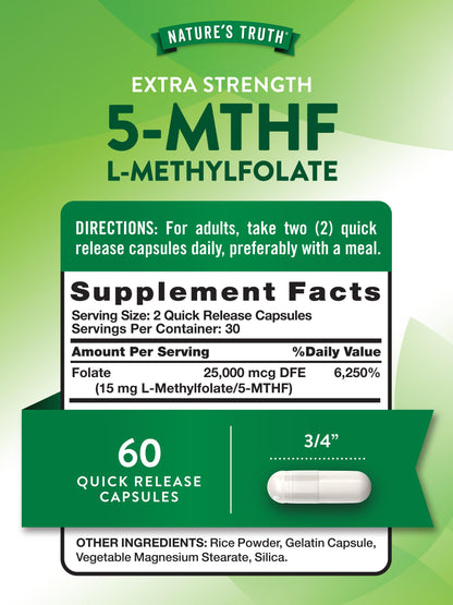 Nature's Truth L-Methylfolate 15mg | 60 Capsules | Non-GMO & Gluten Free | Extra Strength