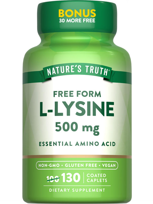 Nature's Truth L-Lysine 500mg | 130 Coated Caplets | Free Form | Essential Amino Acid | Vegan, Non-GMO, Gluten Free BritishVita | Premium UK Vitamins & Wellness Supplements