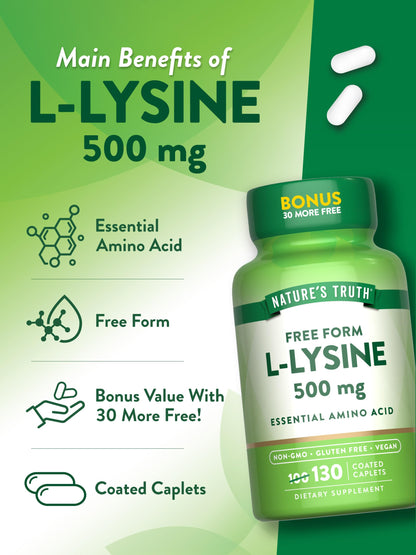Nature's Truth L-Lysine 500mg | 130 Coated Caplets | Free Form | Essential Amino Acid | Vegan, Non-GMO, Gluten Free