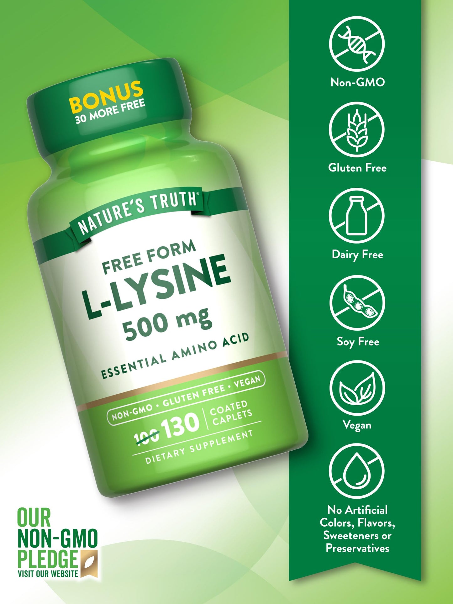 Nature's Truth L-Lysine 500mg | 130 Coated Caplets | Free Form | Essential Amino Acid | Vegan, Non-GMO, Gluten Free
