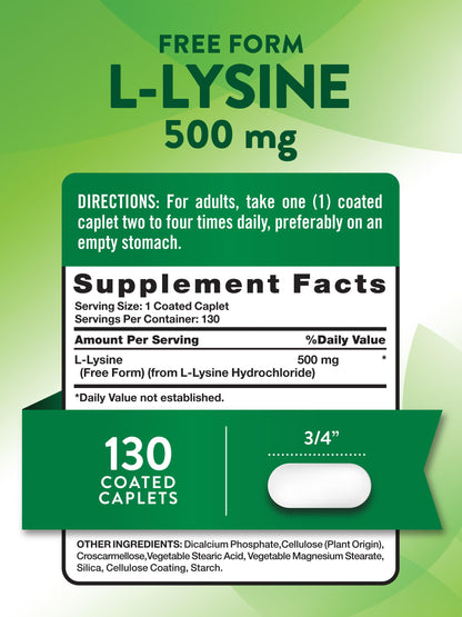 Nature's Truth L-Lysine 500mg | 130 Coated Caplets | Free Form | Essential Amino Acid | Vegan, Non-GMO, Gluten Free
