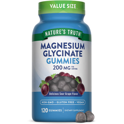 Nature's Truth Magnesium Glycinate Gummies for Adults - 200 mg, 120 Count, Grape - Vegan, Non-GMO & Gluten Free