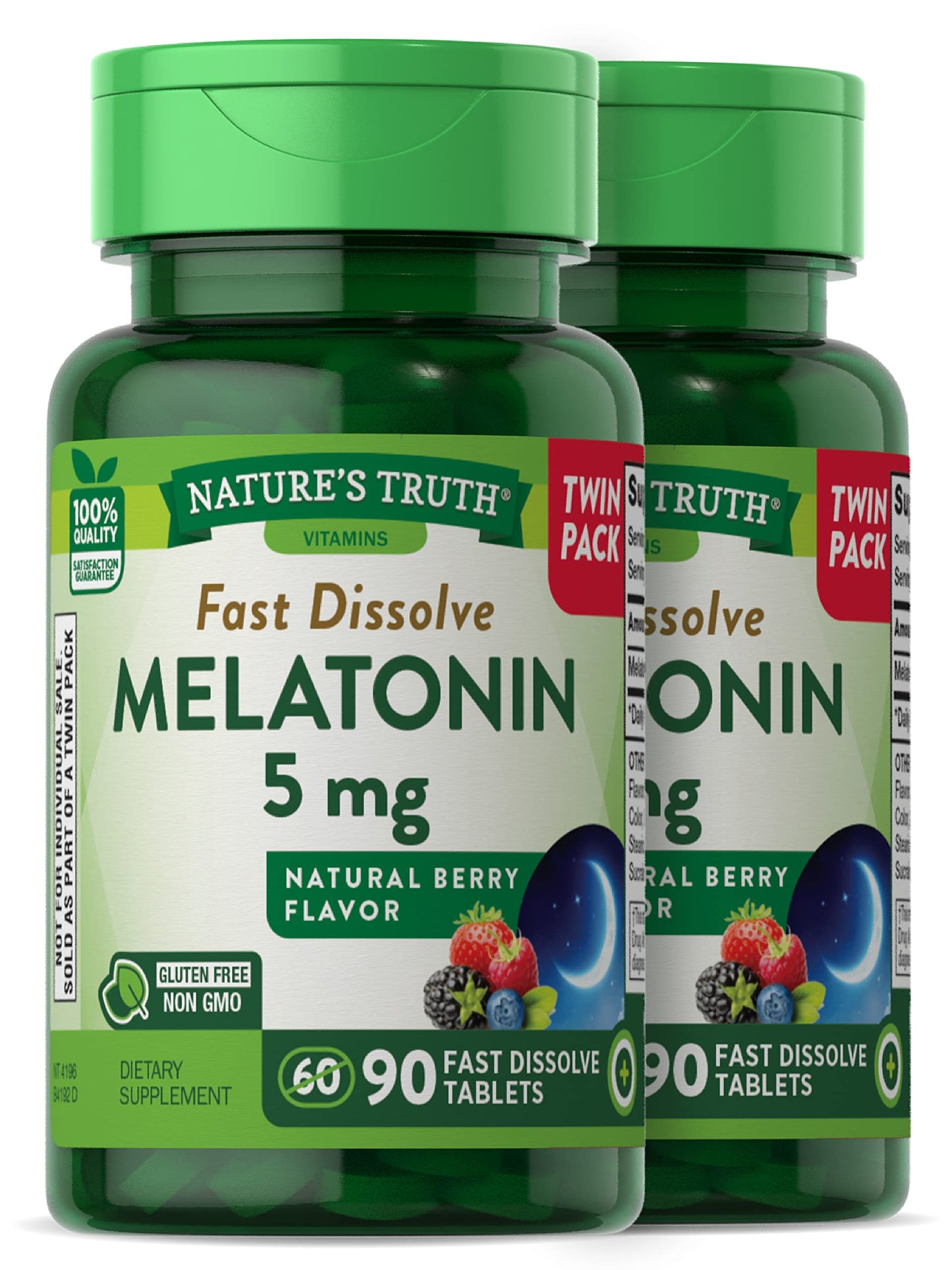 Nature's Truth Melatonin 5 mg Fast-Dissolve – Berry Flavor, 180 Tablets (Twin Pack) | Vegetarian, Non-GMO, Gluten Free