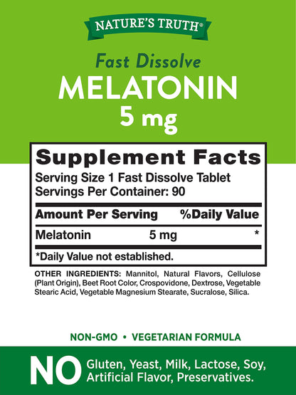Nature's Truth Melatonin 5 mg Fast-Dissolve – Berry Flavor, 180 Tablets (Twin Pack) | Vegetarian, Non-GMO, Gluten Free