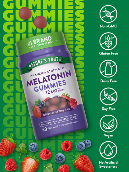 Nature's Truth Melatonin Gummies 12mg – Mixed Berry, Vegan, Non-GMO, Gluten Free (Pack of 2)
