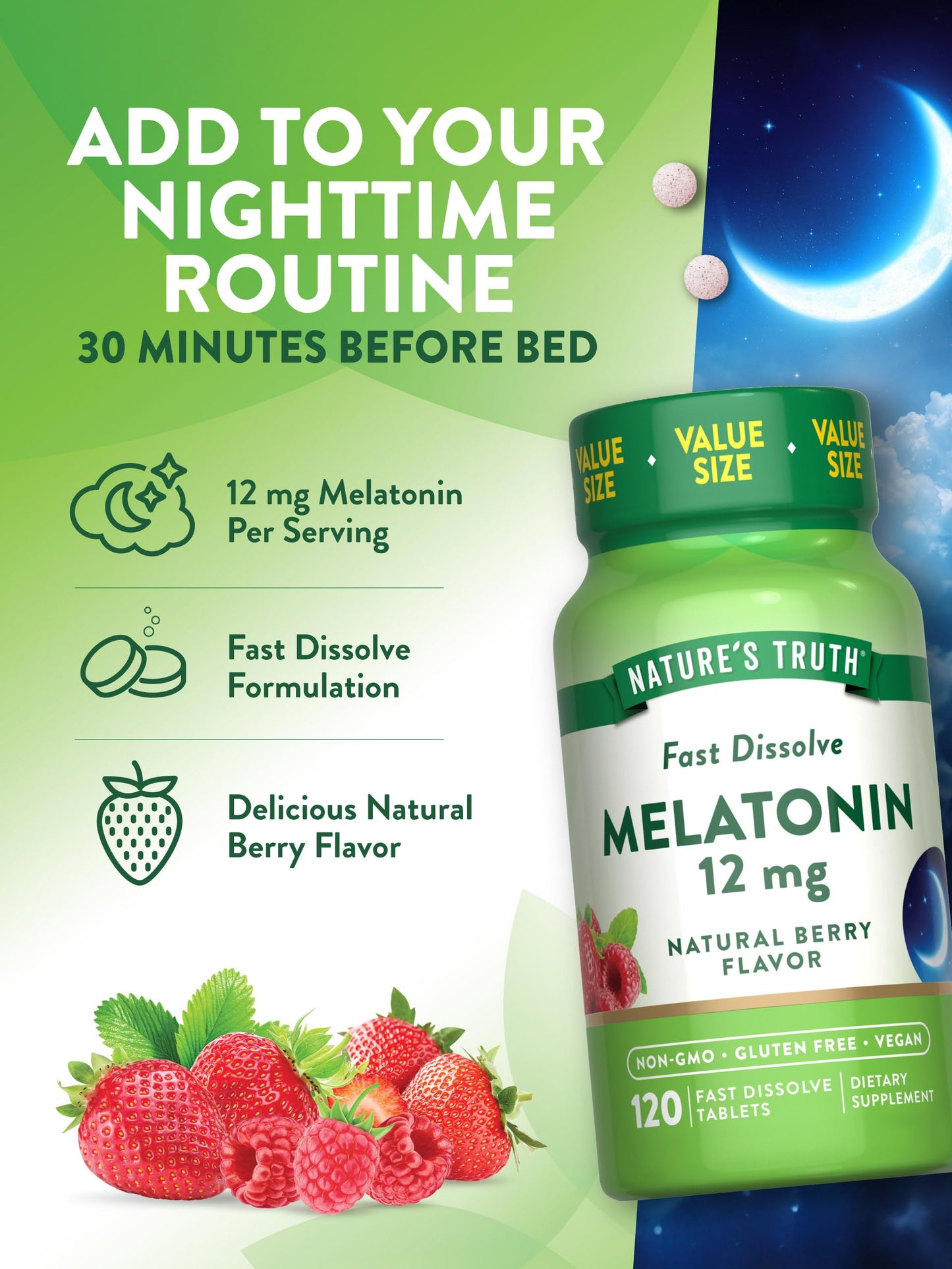 Nature's Truth Melatonin Tablets 12 mg - 120 Count | Vegan, Non-GMO, Gluten Free