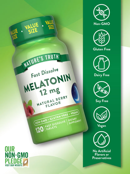 Nature's Truth Melatonin Tablets 12 mg - 120 Count | Vegan, Non-GMO, Gluten Free