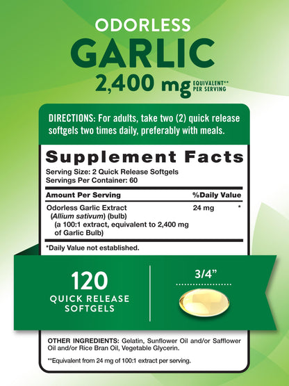 Nature's Truth Odorless Garlic 2400 mg | 120 Softgels | Non-GMO, Gluten Free