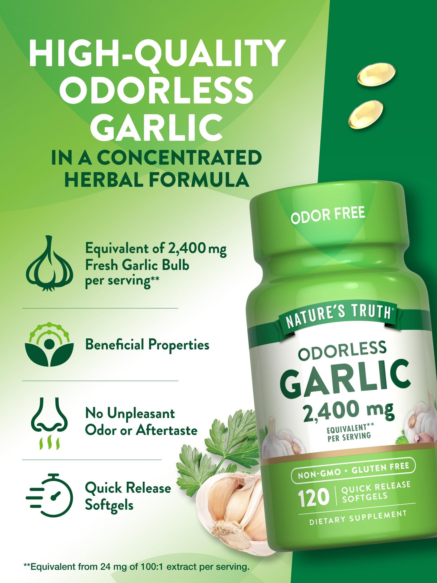 Nature's Truth Odorless Garlic 2400 mg | 120 Softgels | Non-GMO, Gluten Free