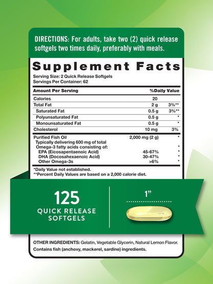 Nature's Truth Omega-3 Fish Oil 2000 mg | 125 Softgels | Lemon | Non-GMO & Gluten Free