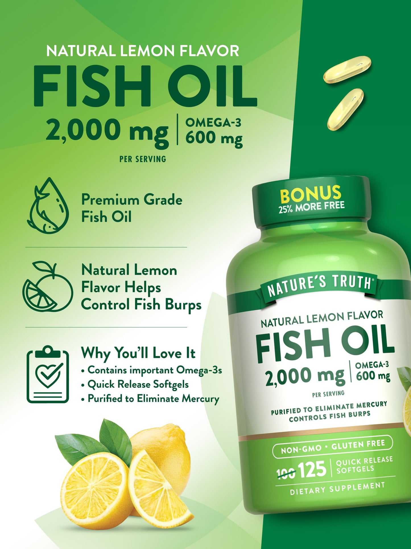 Nature's Truth Omega-3 Fish Oil 2000 mg | 125 Softgels | Lemon | Non-GMO & Gluten Free