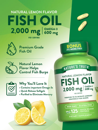 Nature's Truth Omega-3 Fish Oil 2000 mg | 125 Softgels | Lemon | Non-GMO & Gluten Free
