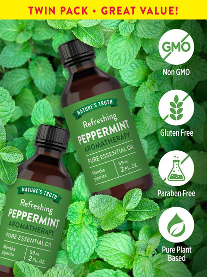 Nature's Truth Peppermint Essential Oil - 2 x 2 fl oz | Diffuser, Shower or Bath | Mentha Piperita | Plant Based, Non-GMO & Gluten Free