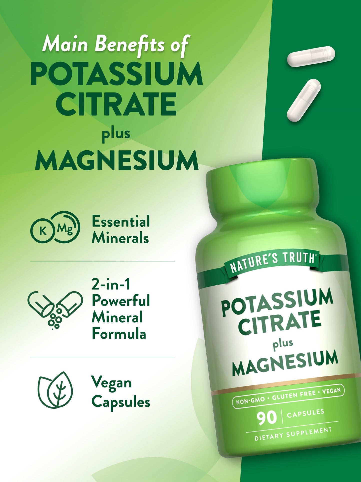 Nature’s Truth Potassium Citrate + Magnesium Capsules – 90 Count | Vegan, Non-GMO, Gluten Free
