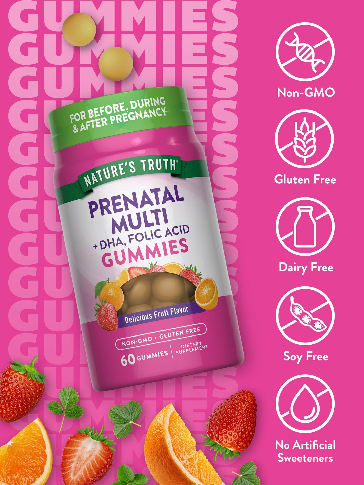 Nature's Truth Prenatal Gummies – DHA & Folic Acid, 60 Count, Fruit Flavor, Gluten Free