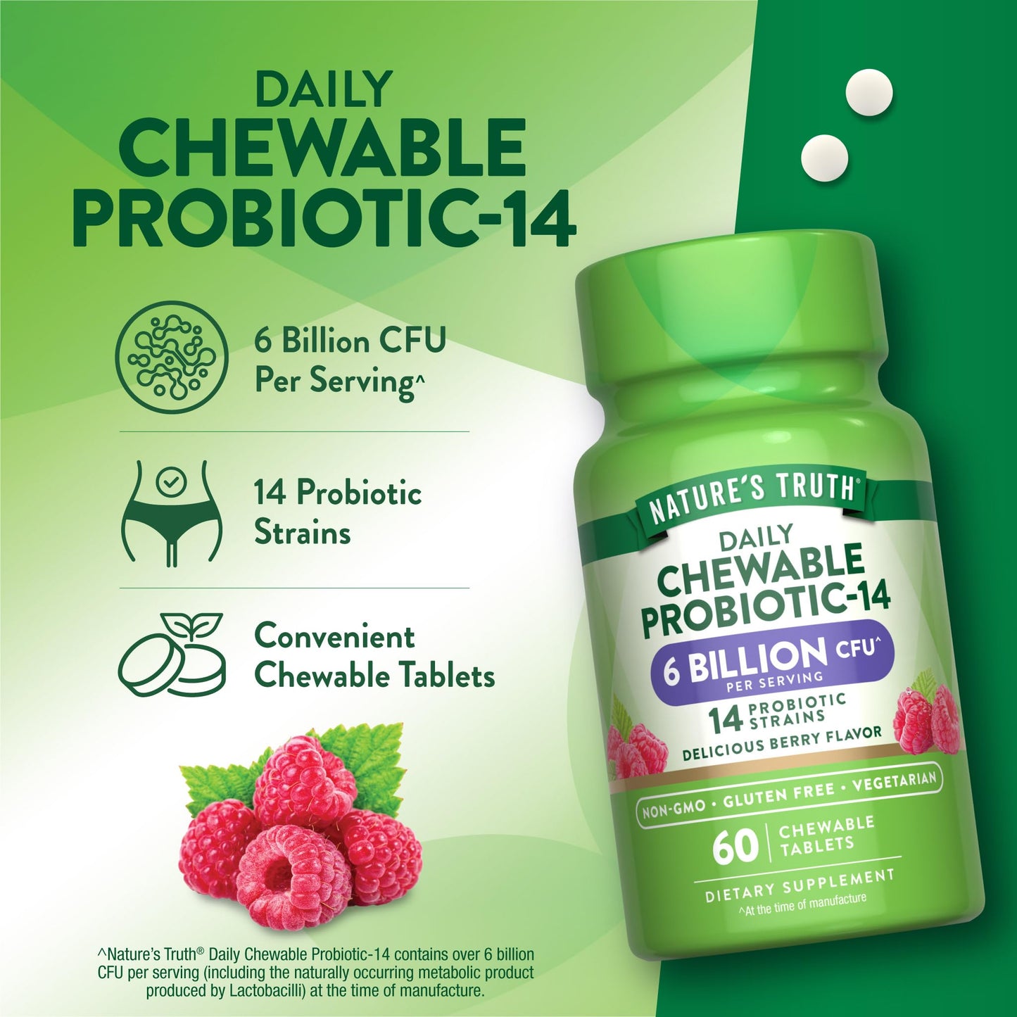 Nature's Truth Probiotic Chewable – 6 Billion CFU, 14 Strains, Berry Flavor | Vegetarian, Non-GMO, Gluten Free | 60 Count