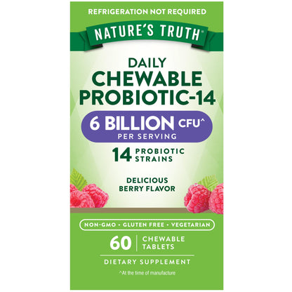 Nature's Truth Probiotic Chewable – 6 Billion CFU, 14 Strains, Berry Flavor | Vegetarian, Non-GMO, Gluten Free | 60 Count