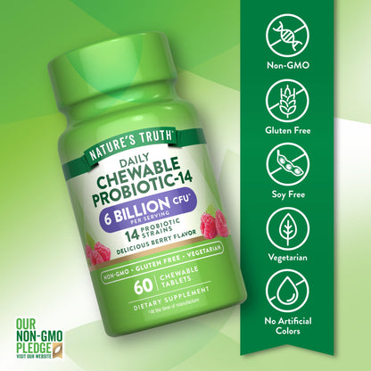 Nature's Truth Probiotic Chewable – 6 Billion CFU, 14 Strains, Berry Flavor | Vegetarian, Non-GMO, Gluten Free | 60 Count